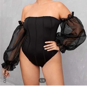 Black off the shoulder puffer sleeve bodysuit